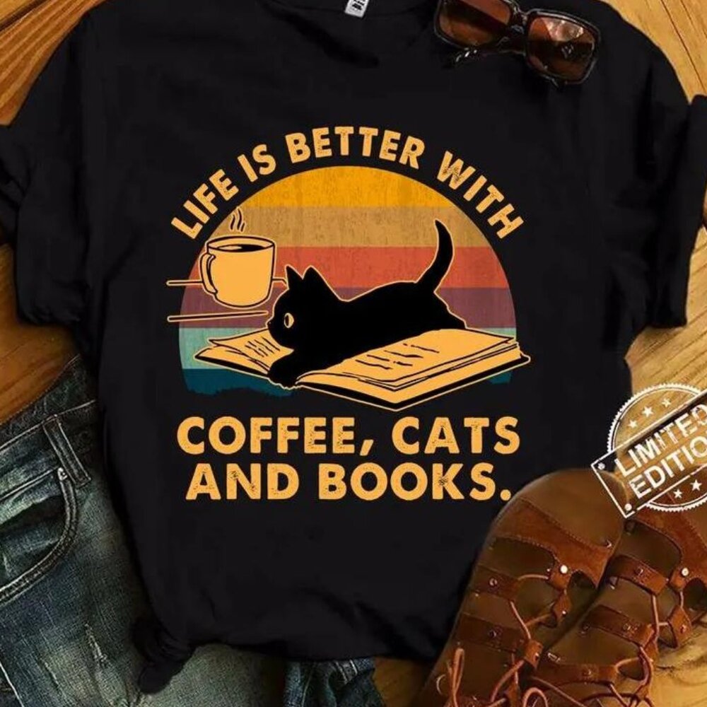 Black Graphic Tee - Coffee, Cats, and Books